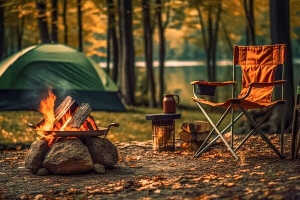 camp setup with tent, chair and fire